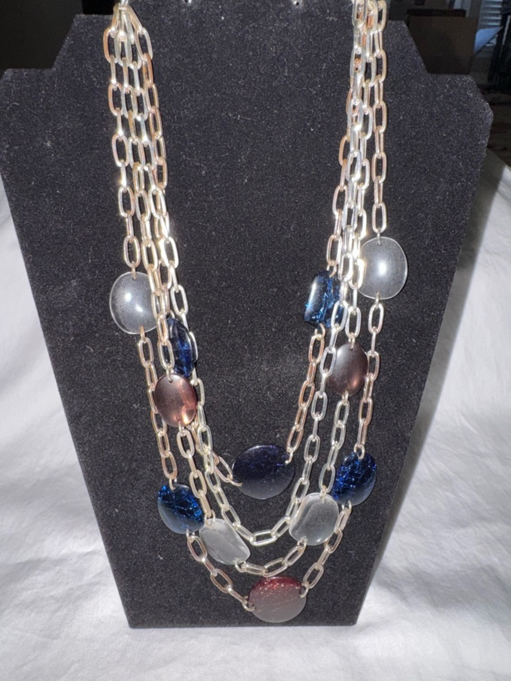Multi-Strand Glass Disc Necklace in Blue, Gray and Brown